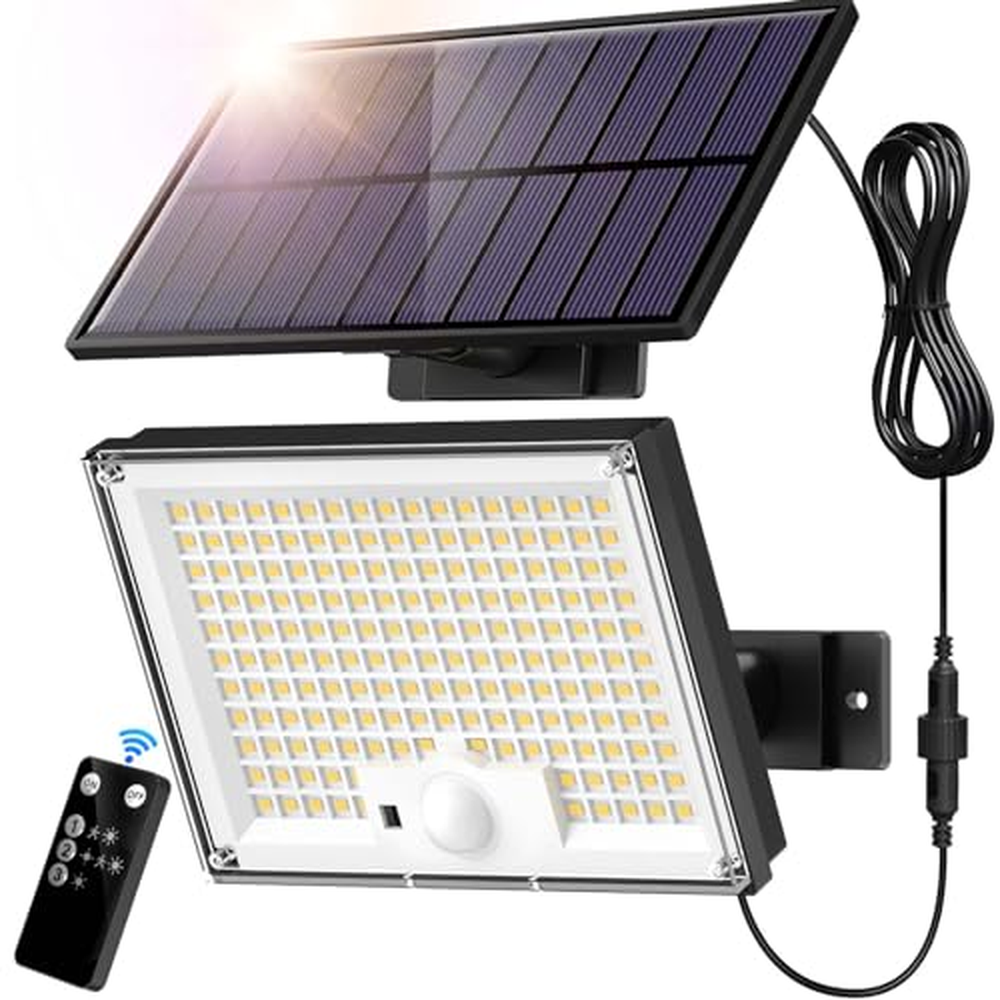 SIGRILL solární lampy s detektorem pohybu 172LED , solární reflektor IP65 venkovní nástěnné světlo, zahradní světla s 5m kabelem